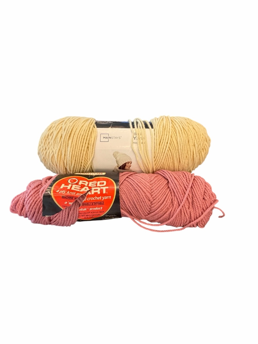 Lot Of 2 Assorted Yarn Skeins Rose Pink Red Heart Aran Ivory Mainstays Crafts